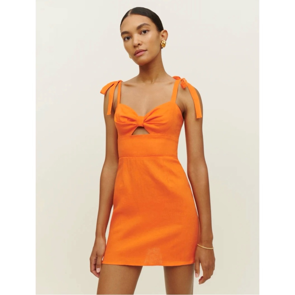 Reformation Pearson Linen Mini Dress Citrus Orange Tie Straps Keyhole Size 6
